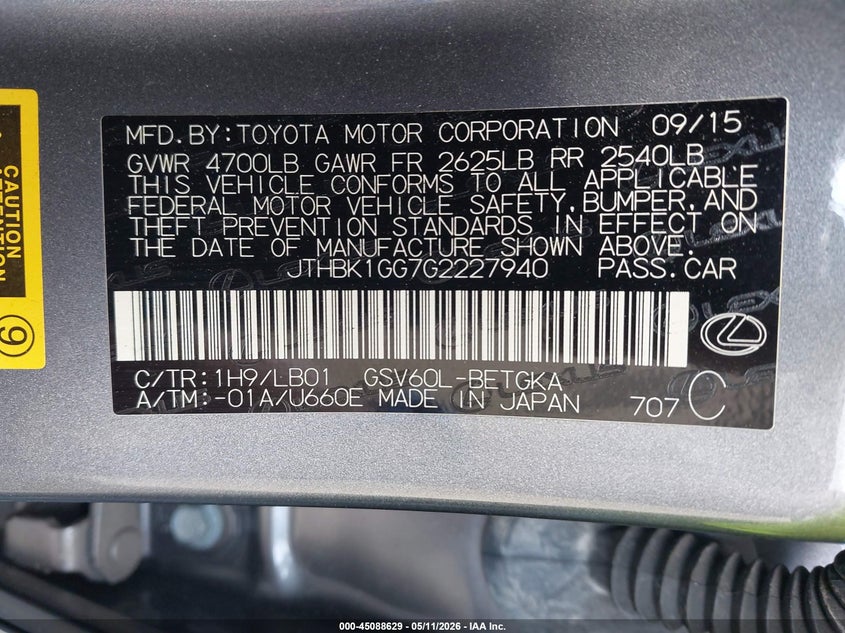 2016 Lexus ES VIN JTHBK1GG7G2227940 IAAI salvage auction — HAIL, Original (Texas), sold $9,600 on 2026-07-28 (photo 9)