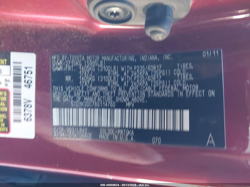 2011 Toyota Sienna VIN 5TDYK3DC7BS114760 IAAI salvage auction — FRONT END, Salvage - Greater Than 75% (Maryland), sold $1,250 on 2026-07-13 (photo 9)