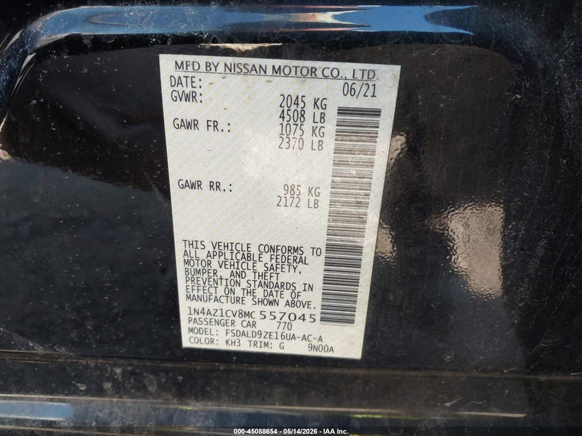 2021 Nissan Leaf VIN 1N4AZ1CV8MC557045 IAAI salvage auction — RIGHT SIDE, Salvage (Illinois), sold $2,450 on 2026-07-09 (photo 9)