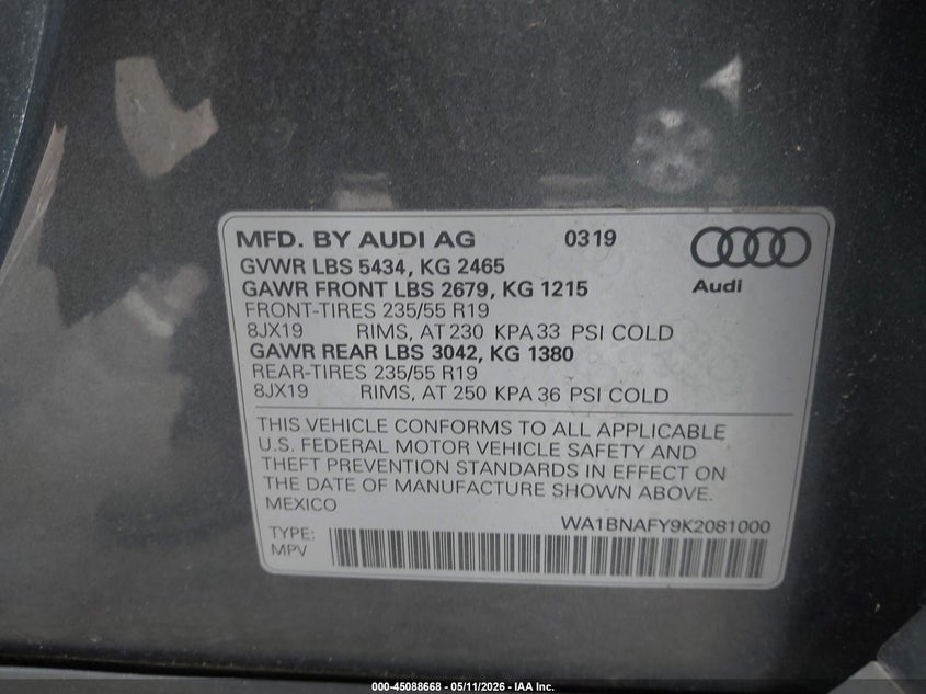 2019 Audi Q5 VIN WA1BNAFY9K2081000 IAAI salvage auction — FRONT END, Salvage (New Jersey), sold $10,700 on 2026-07-06 (photo 9)