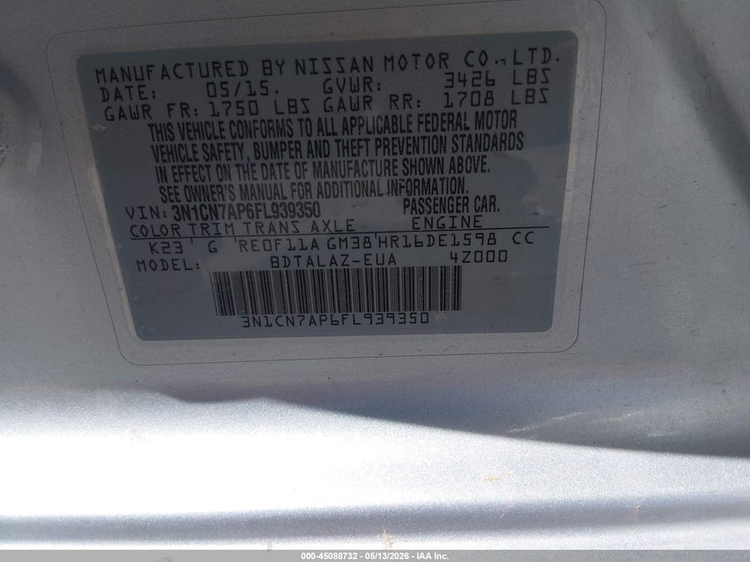 2015 Nissan Versa VIN 3N1CN7AP6FL939350 IAAI salvage auction — FRONT END, Salvage (Texas), sold $625 on 2026-07-22 (photo 9)
