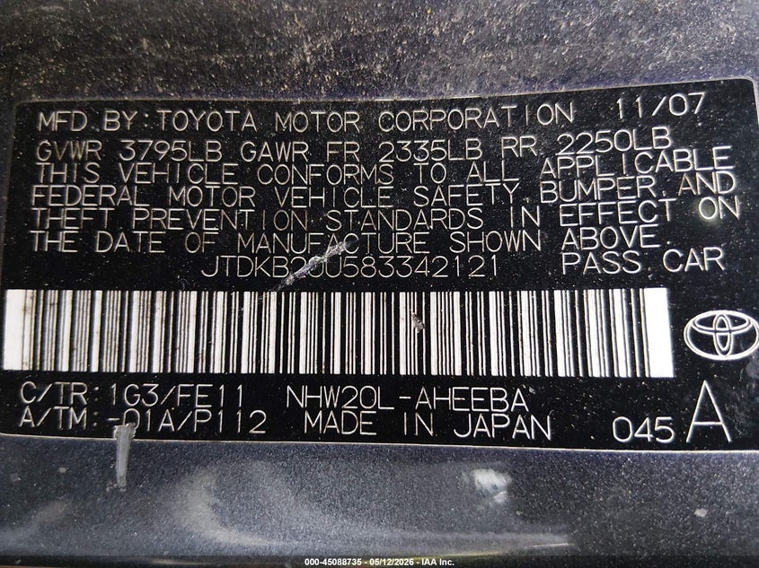 2008 Toyota Prius VIN JTDKB20U583342121 IAAI salvage auction — FRONT & REAR, Salvage (Oregon), sold $375 on 2026-07-13 (photo 9)