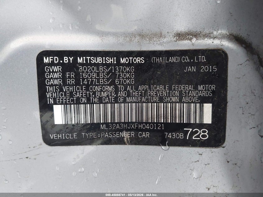 2015 Mitsubishi Mirage VIN ML32A3HJXFH040121 IAAI salvage auction — LEFT SIDE, Bill Of Sale (Washington), sold $275 on 2026-07-08 (photo 9)