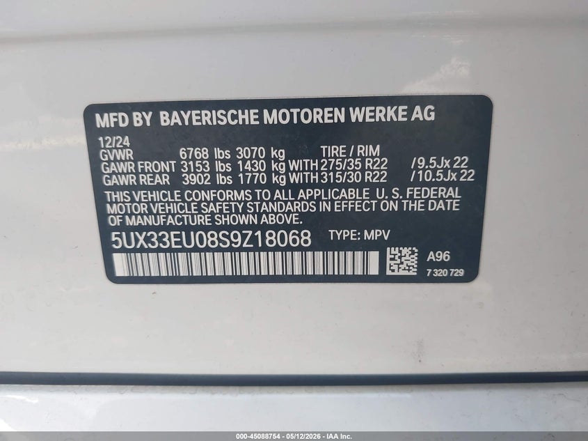 2025 BMW X5 VIN 5UX33EU08S9Z18068 IAAI salvage auction — LEFT SIDE, Rebuildable (Florida), sold $27,250 on 2026-07-30 (photo 9)