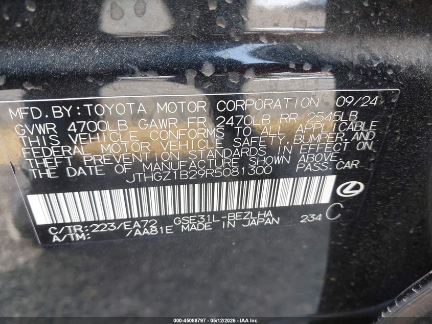 2024 Lexus Is VIN JTHGZ1B29R5081300 IAAI salvage auction — FRONT END, Salvage (California), sold $12,500 on 2026-07-29 (photo 9)