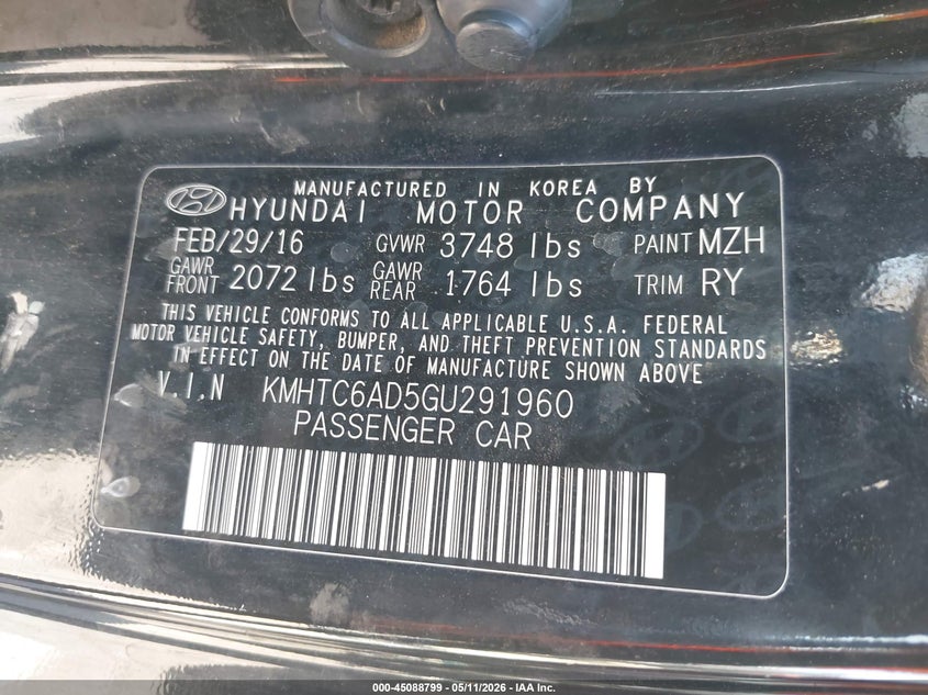 2016 Hyundai Veloster VIN KMHTC6AD5GU291960 IAAI salvage auction — NORMAL WEAR, Clear - Dealer Only (California), sold $875 on 2026-07-14 (photo 9)