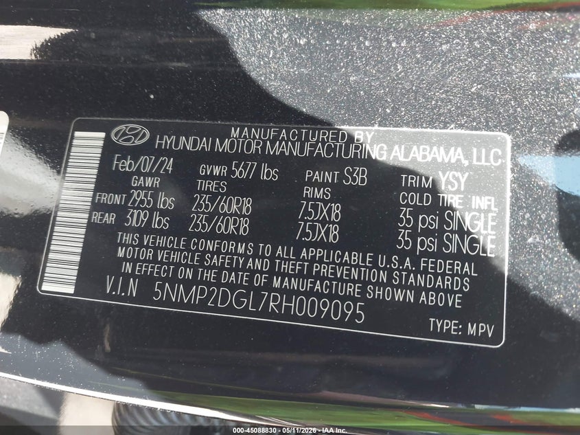 2024 Hyundai Santa fe VIN 5NMP2DGL7RH009095 IAAI salvage auction — REAR END, Salvage (Indiana), sold $11,900 on 2026-07-29 (photo 9)