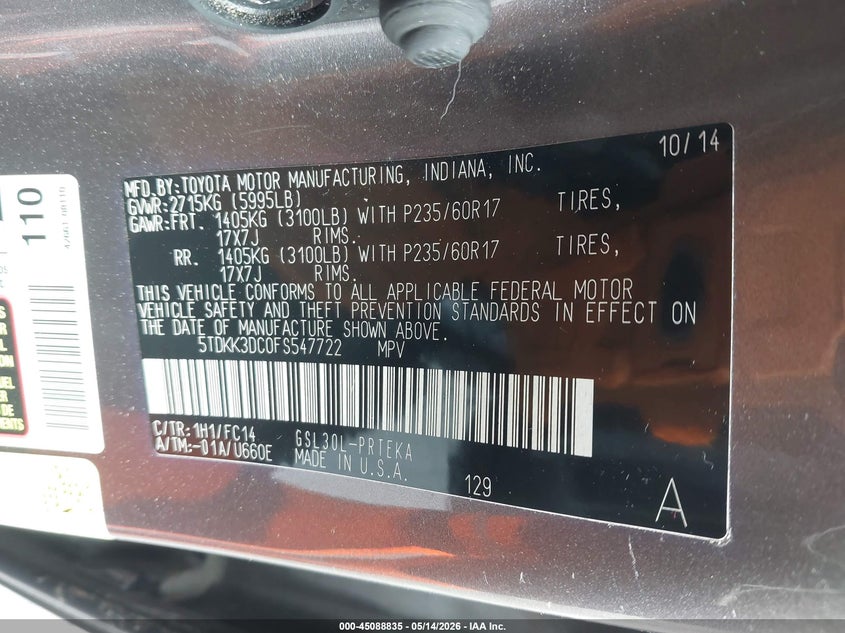 2015 Toyota Sienna VIN 5TDKK3DC0FS547722 IAAI salvage auction — REAR END, Salvage - Greater Than 75% (Maryland), sold $3,000 on 2026-07-29 (photo 9)