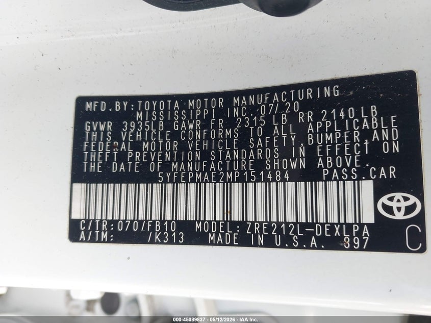 2021 Toyota Corolla VIN 5YFEPMAE2MP151484 IAAI salvage auction — RIGHT SIDE, Rebuildable (Florida), sold $4,350 on 2026-07-15 (photo 9)