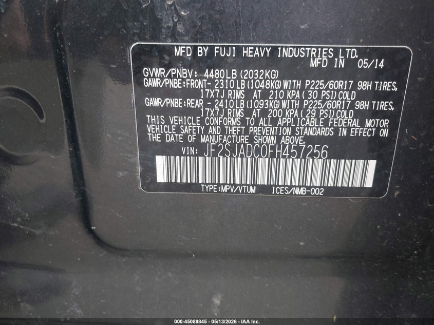 2015 Subaru Forester VIN JF2SJADC0FH457256 IAAI salvage auction — HAIL, Salvage (Ohio), sold $1,450 on 2026-07-28 (photo 9)