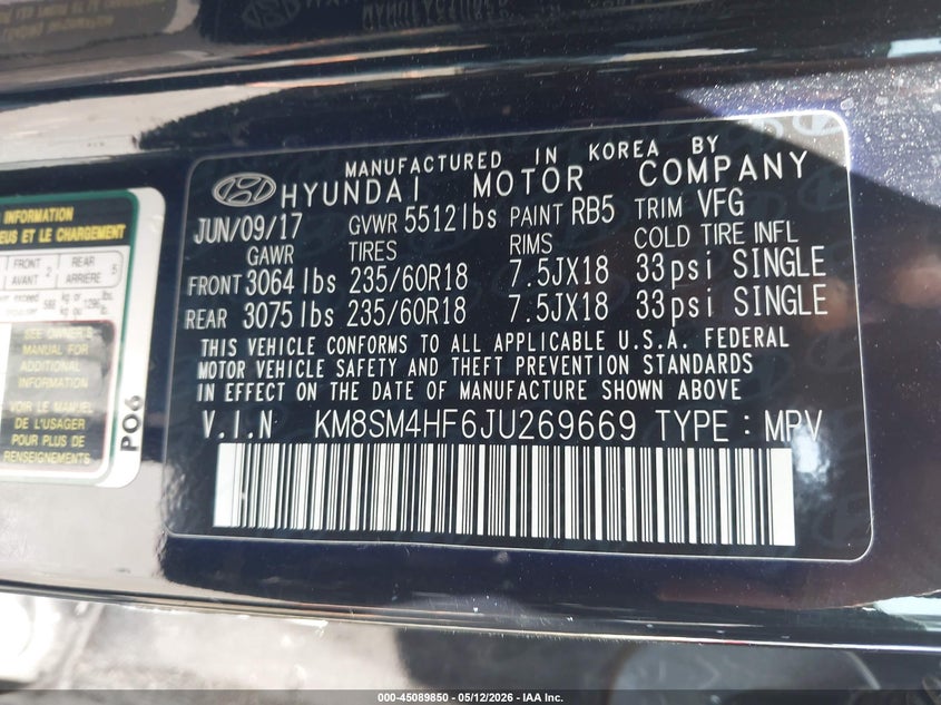 2018 Hyundai Santa fe VIN KM8SM4HF6JU269669 IAAI salvage auction — LEFT FRONT, Salvage (California), sold $25 on 2026-07-21 (photo 9)