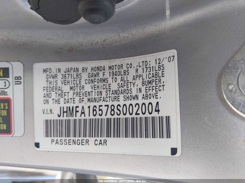 2008 Honda Civic VIN JHMFA16578S002004 IAAI salvage auction — LEFT SIDE, Salvage (California), sold $1,150 on 2026-07-23 (photo 9)