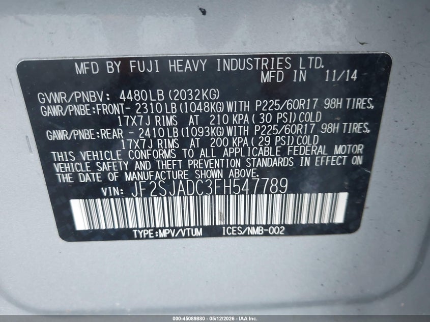 2015 Subaru Forester VIN JF2SJADC3FH547789 IAAI salvage auction — NORMAL WEAR, Clear (Montana), sold $900 on 2026-07-06 (photo 9)