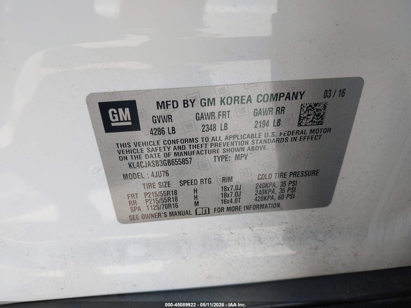 2016 Buick Encore VIN KL4CJASB3GB655857 IAAI salvage auction — LEFT SIDE, Salvage (California), sold $1,150 on 2026-07-08 (photo 9)