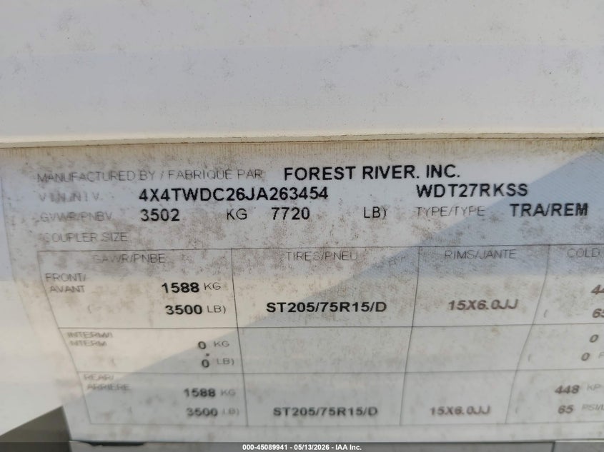 2018 Forest river 27r VIN 4X4TWDC26JA263454 IAAI salvage auction — HAIL, Original (Texas), sold $3,500 on 2026-07-08 (photo 9)