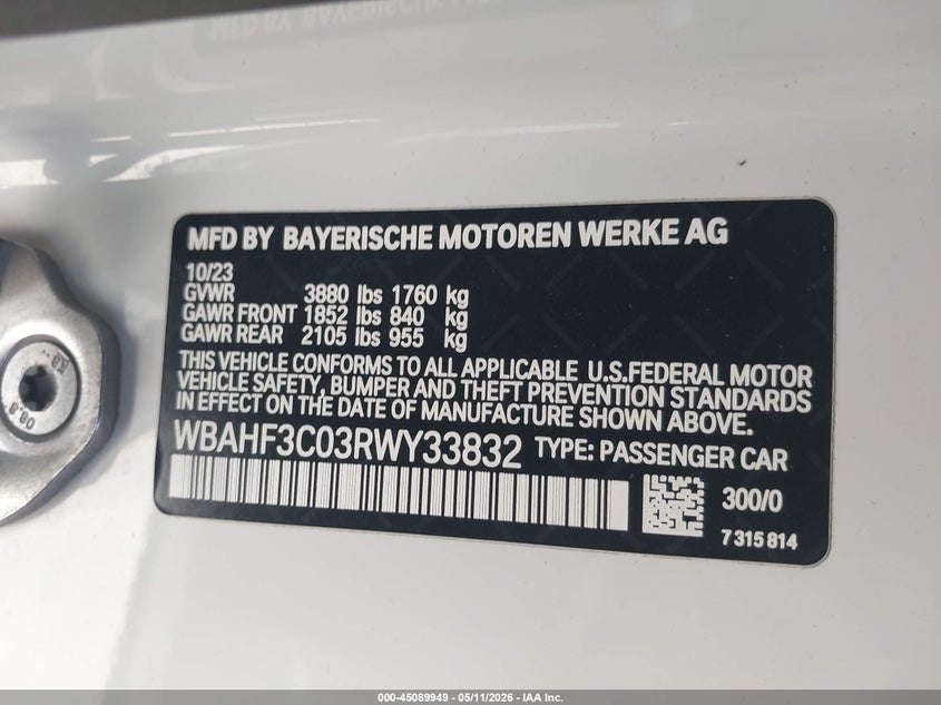 2024 BMW Z4 VIN WBAHF3C03RWY33832 IAAI salvage auction — FRONT END, Salvage (California), sold $19,100 on 2026-07-15 (photo 9)
