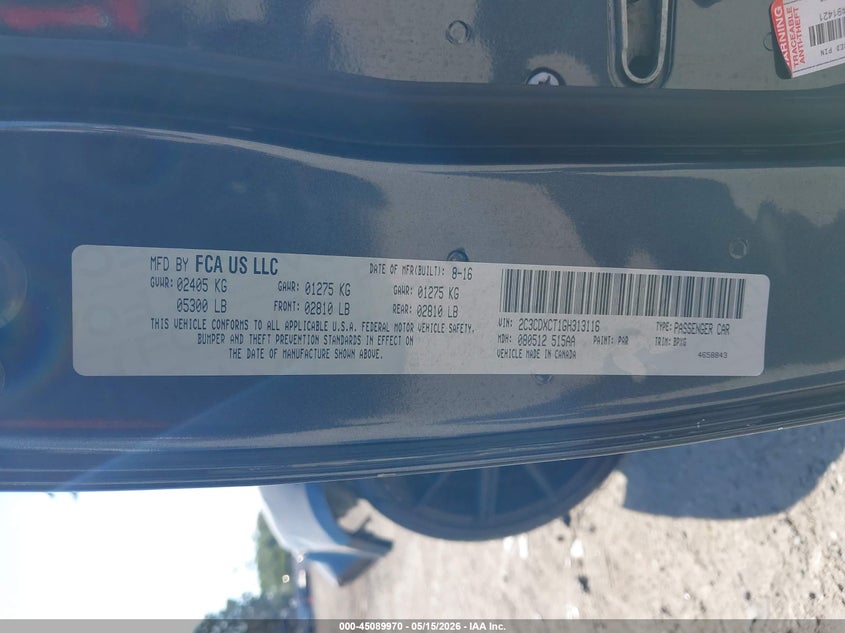 2016 Dodge Charger VIN 2C3CDXCT1GH313116 IAAI salvage auction — FRONT END, Rebuildable (Florida), sold $2,200 on 2026-07-19 (photo 9)