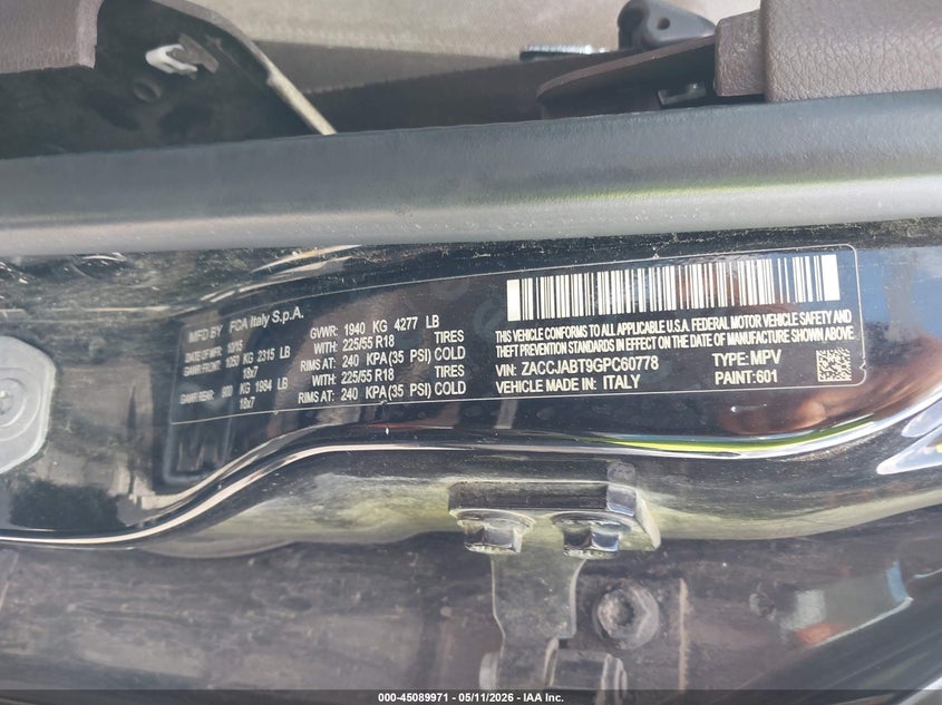 2016 Jeep Renegade VIN ZACCJABT9GPC60778 IAAI salvage auction — NORMAL WEAR, Original (Texas), sold $875 on 2026-07-30 (photo 9)