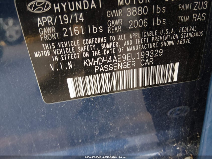 2014 Hyundai Elantra VIN KMHDH4AE9EU199329 IAAI salvage auction — RIGHT FRONT, Salvage (Idaho), sold $1,600 on 2026-07-24 (photo 9)