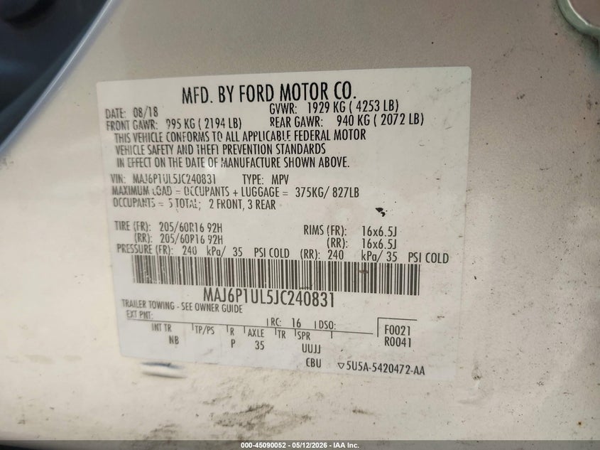 2018 Ford Ecosport VIN MAJ6P1UL5JC240831 IAAI salvage auction — Burn Engine, Salvage Title, sold $325 on 2026-07-17 (photo 9)