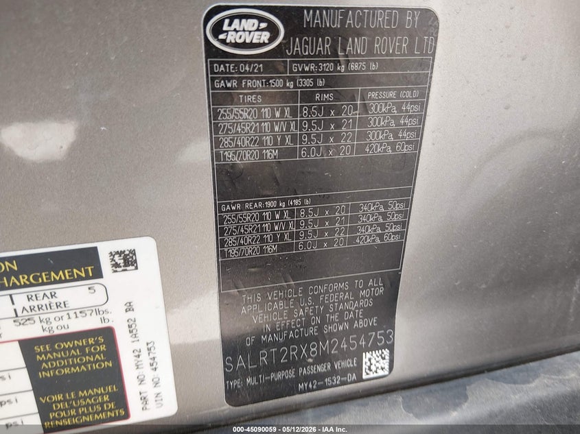 2021 Land rover Discovery VIN SALRT2RX8M2454753 IAAI salvage auction — FRONT END, Salvage (Colorado), sold $7,400 on 2026-07-28 (photo 9)