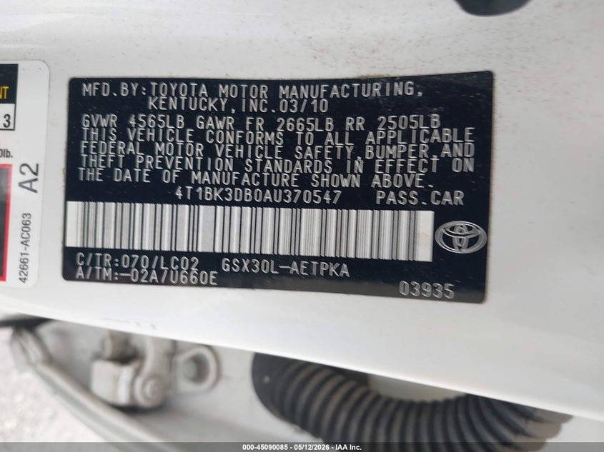 2010 Toyota Avalon VIN 4T1BK3DB0AU370547 IAAI salvage auction — FRONT END, Salvage (California), sold $400 on 2026-07-09 (photo 9)