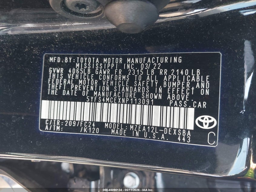 2022 Toyota Corolla VIN 5YFS4MCEXNP113091 IAAI salvage auction — RIGHT SIDE, Salvage (California), sold $6,700 on 2026-07-08 (photo 9)
