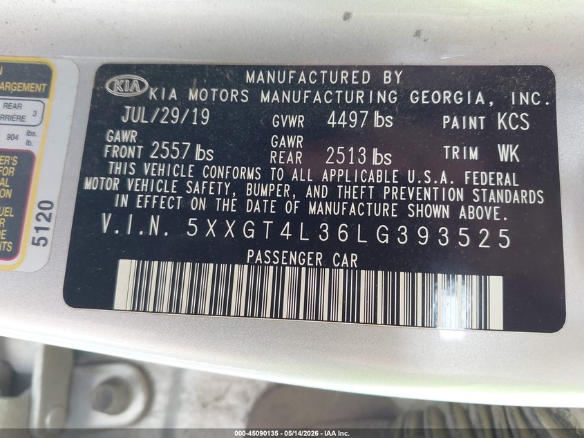 2020 Kia Optima VIN 5XXGT4L36LG393525 IAAI salvage auction — FRONT END, Salvage (Montana), sold $1,750 on 2026-07-29 (photo 9)