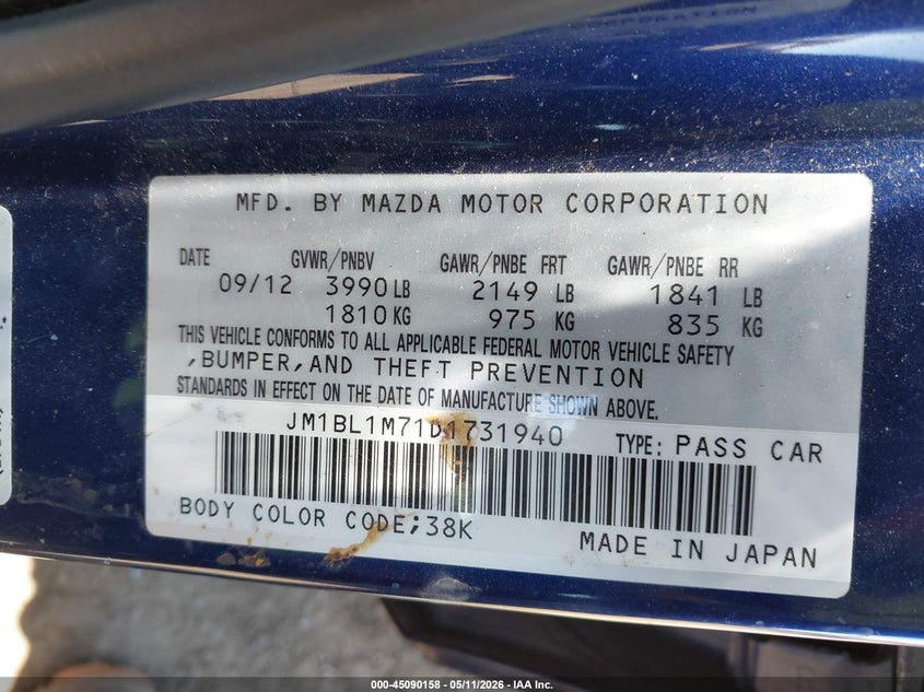 2013 Mazda 3 VIN JM1BL1M71D1731940 IAAI salvage auction — RIGHT REAR, Bill Of Sale (Washington), sold $625 on 2026-07-14 (photo 9)