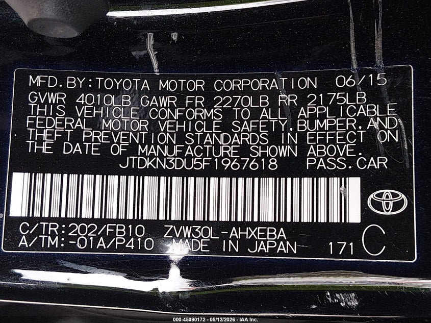2015 Toyota Prius VIN JTDKN3DU5F1967618 IAAI salvage auction — LEFT SIDE, Salvage (California), sold $825 on 2026-07-06 (photo 9)