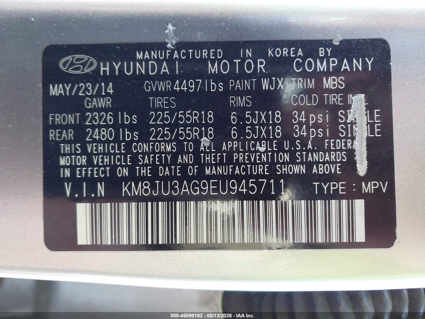 2014 Hyundai Tucson VIN KM8JU3AG9EU945711 IAAI salvage auction — LEFT FRONT, Salvage (California), sold $1,050 on 2026-07-21 (photo 9)