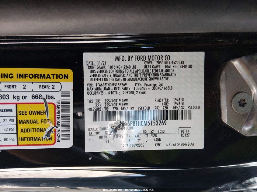 2021 Ford Mustang VIN 1FA6P8TH0M5153269 IAAI salvage auction — FRONT END, Clear, sold $7,925 on 2026-07-09 (photo 9)