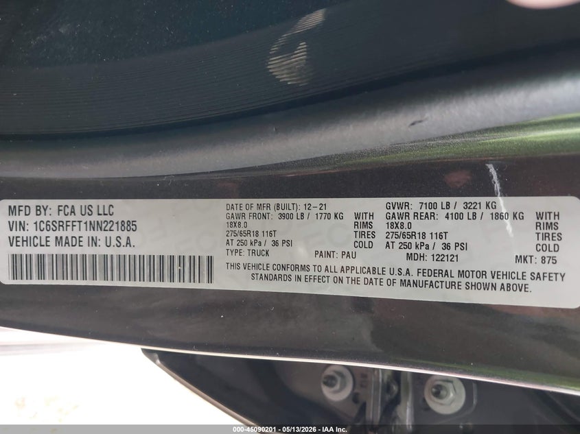2022 Ram 1500 VIN 1C6SRFFT1NN221885 IAAI salvage auction — FRONT END, Salvage (Montana), sold $8,000 on 2026-08-21 (photo 9)