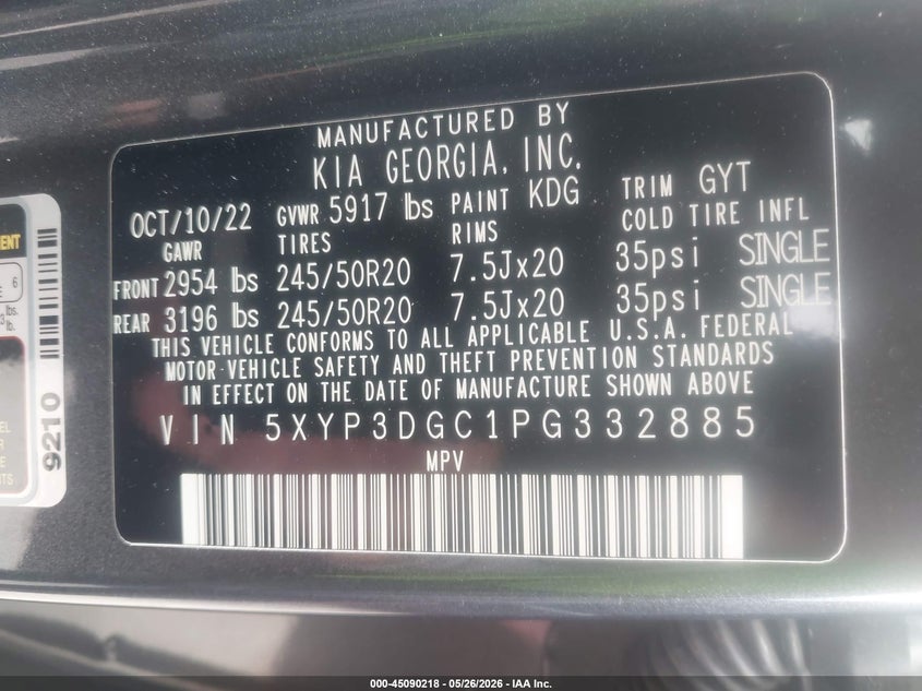 2023 Kia Telluride VIN 5XYP3DGC1PG332885 IAAI salvage auction — HAIL, Salvage (Illinois), sold $12,575 on 2026-07-14 (photo 9)