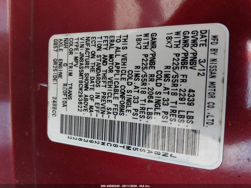 2012 Nissan Rogue VIN JN8AS5MT8CW293622 IAAI salvage auction — NORMAL WEAR, Clear (Mississippi), sold $650 on 2026-07-15 (photo 9)