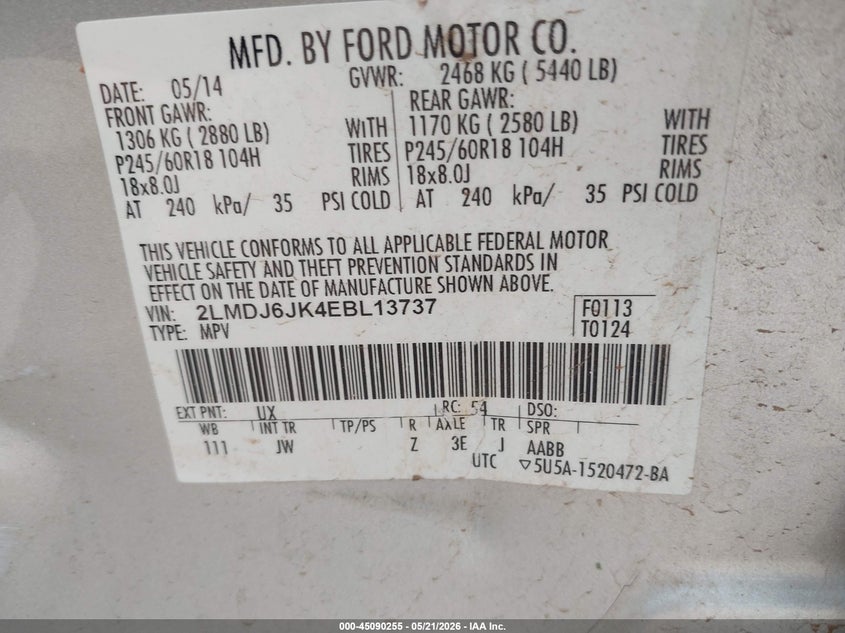 2014 Lincoln Mkx VIN 2LMDJ6JK4EBL13737 IAAI salvage auction — SIDE, Original (Texas), sold $775 on 2026-07-17 (photo 9)