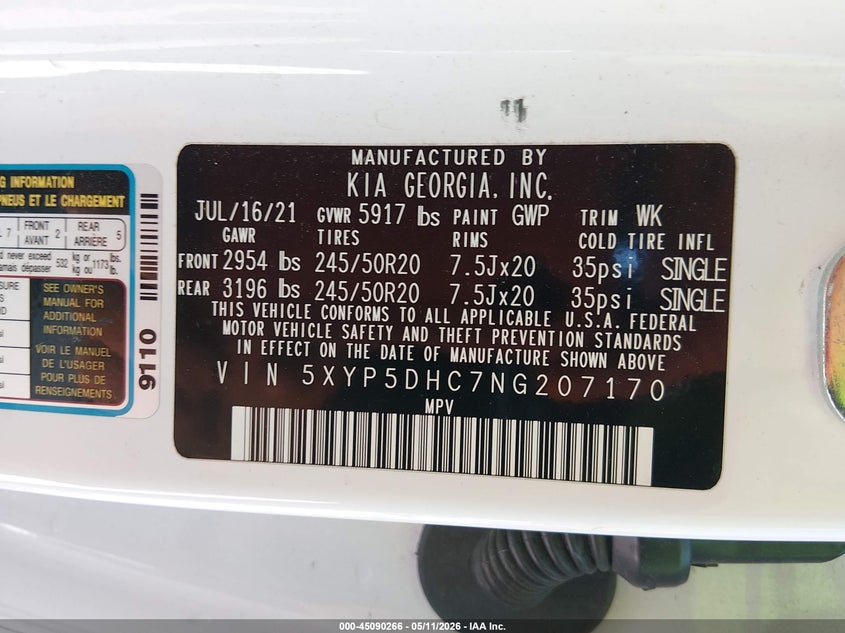 2022 Kia Telluride VIN 5XYP5DHC7NG207170 IAAI salvage auction — HAIL, Clear (Missouri), sold $3,150 on 2026-07-13 (photo 9)
