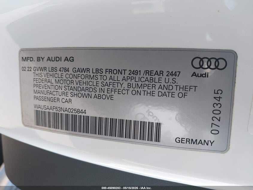 2022 Audi A5 VIN WAUSAAF53NA025844 IAAI salvage auction — LEFT FRONT, Salvage (California), sold $8,000 on 2026-07-07 (photo 9)