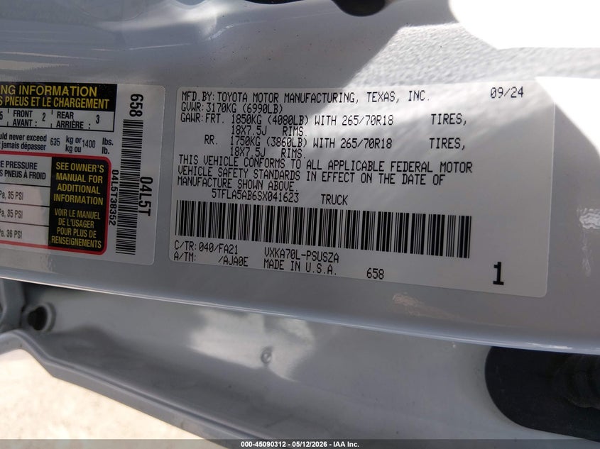 2025 Toyota Tundra VIN 5TFLA5AB6SX041623 IAAI salvage auction — LEFT REAR, Original (Texas), sold $16,000 on 2026-07-28 (photo 9)