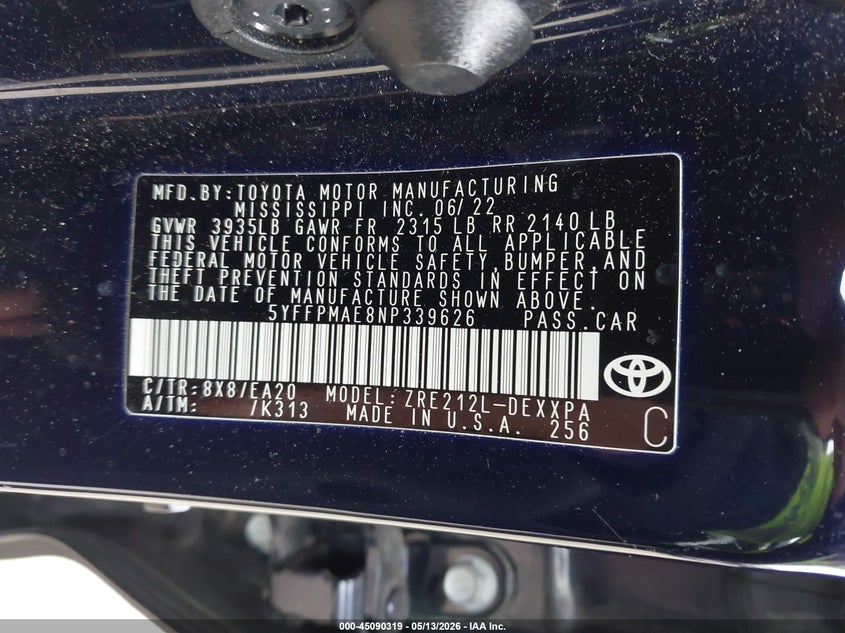 2022 Toyota Corolla VIN 5YFFPMAE8NP339626 IAAI salvage auction — RIGHT SIDE, Salvage (Rhode Island), sold $7,100 on 2026-07-28 (photo 9)