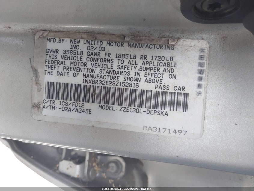 2003 Toyota Corolla VIN 1NXBR32E23Z152816 IAAI salvage auction — FRONT END, Salvage (California), sold $875 on 2026-07-09 (photo 9)