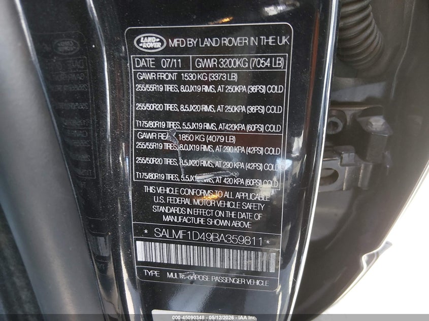 2011 Land rover RANGE ROVER VIN SALMF1D49BA359811 IAAI salvage auction — FRONT END, Salvage (California), sold $250 on 2026-07-30 (photo 9)