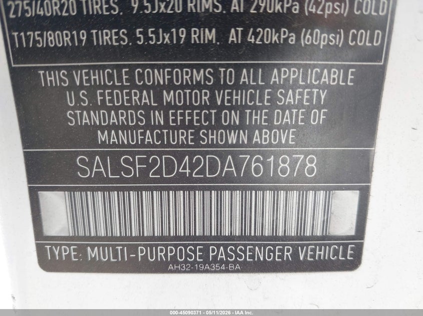 2013 Land rover Range rover sport VIN SALSF2D42DA761878 IAAI salvage auction — NORMAL WEAR, Clear - Dealer Only (California), sold $1,850 on 2026-07-22 (photo 9)