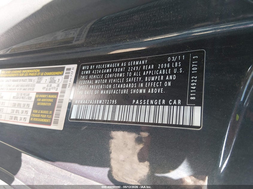 2011 Volkswagen Golf VIN WVWAA7AJ6BW272795 IAAI salvage auction — FRONT END, Salvage (Kentucky), sold $700 on 2026-07-13 (photo 9)