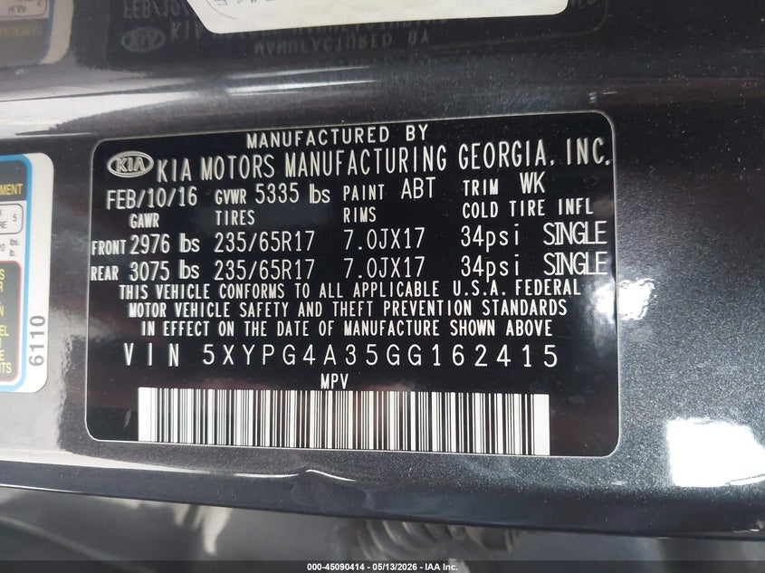 2016 Kia Sorento VIN 5XYPG4A35GG162415 IAAI salvage auction — LEFT REAR, Salvage (California), sold $2,350 on 2026-07-08 (photo 9)