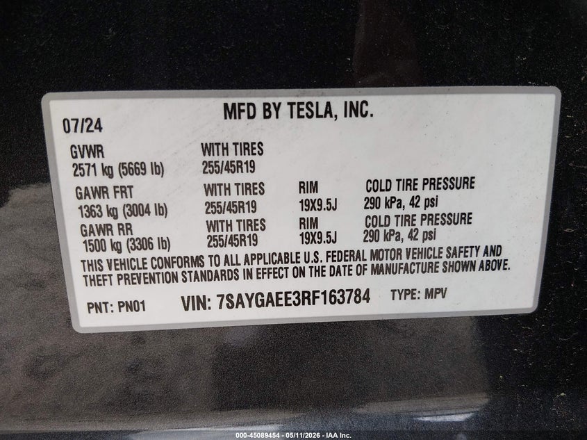 2024 Tesla Model y VIN 7SAYGAEE3RF163784 IAAI salvage auction — REAR END, Salvage (Georgia), sold $14,750 on 2026-07-23 (photo 9)