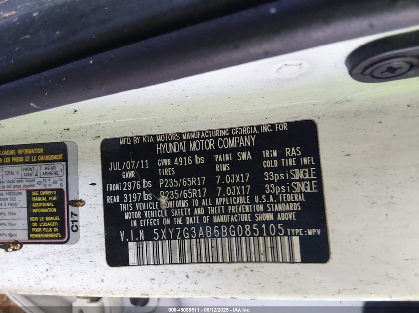 2011 Hyundai Santa fe VIN 5XYZG3AB6BG085105 IAAI salvage auction — Burn Engine, Non-Repairable (Arizona), sold $225 on 2026-07-14 (photo 9)