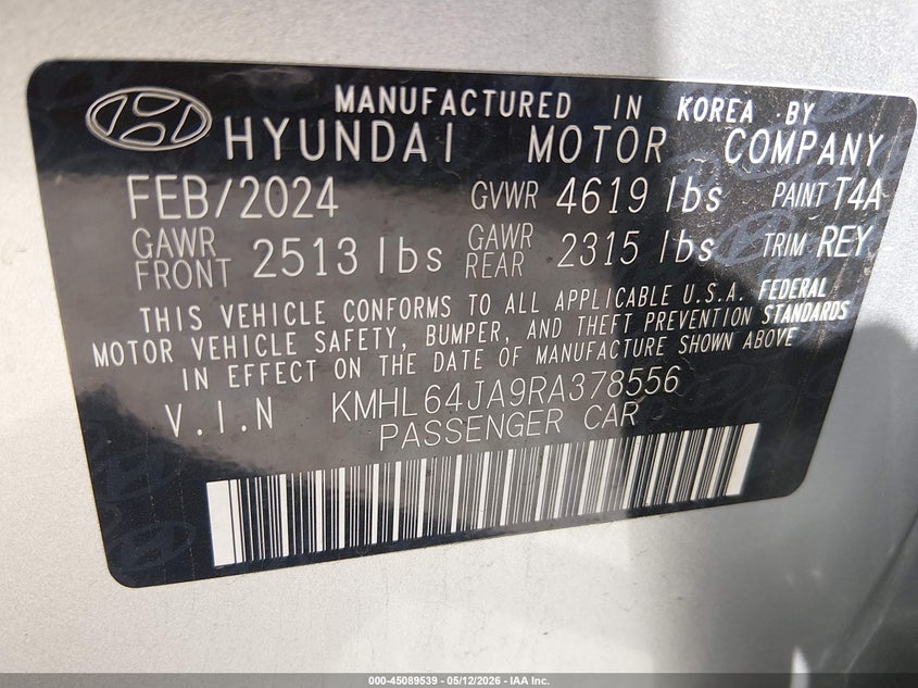 2024 Hyundai Sonata VIN KMHL64JA9RA378556 IAAI salvage auction — ENGINE BURN, Salvage (Kansas), sold $3,150 on 2026-07-15 (photo 9)