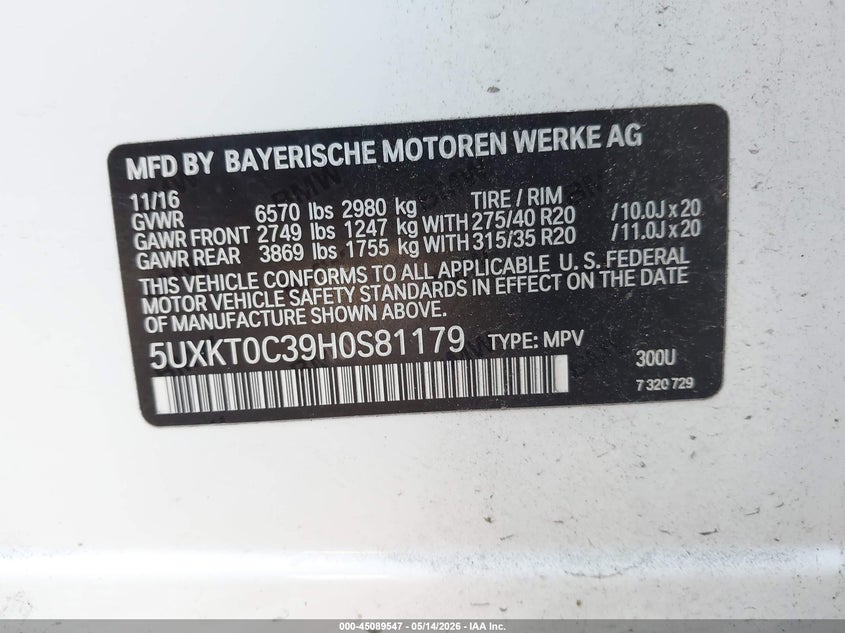 2017 BMW VIN 5UXKT0C39H0S81179 IAAI salvage auction — LEFT FRONT, Salvage (California), sold $6,500 on 2026-07-08 (photo 9)