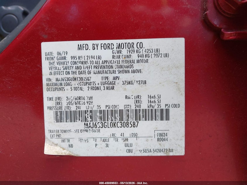 2019 Ford Ecosport VIN MAJ6S3GL0KC308587 IAAI salvage auction — FRONT END, Junk Bill Of Sale Mv2459 (Wisconsin), sold $750 on 2026-07-23 (photo 9)